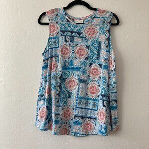 J Jill 100% Linen Patterned Tank Top Blue Boho Lagenlook Coastal Beach Medium